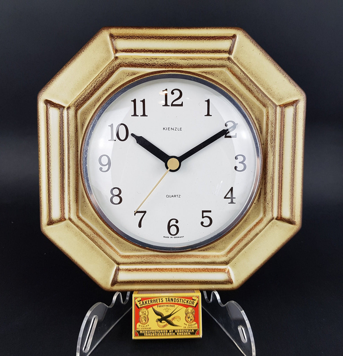 Vintage KIENZLE QUARTZ Beige and Brown Hexagon Ceramic Kitchen Clock West German Pottery 1970s