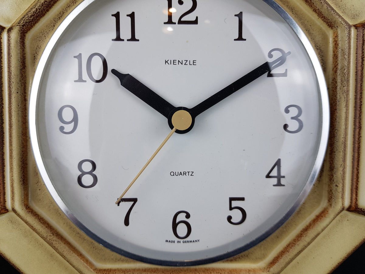Vintage KIENZLE QUARTZ Beige and Brown Hexagon Ceramic Kitchen Clock West German Pottery 1970s