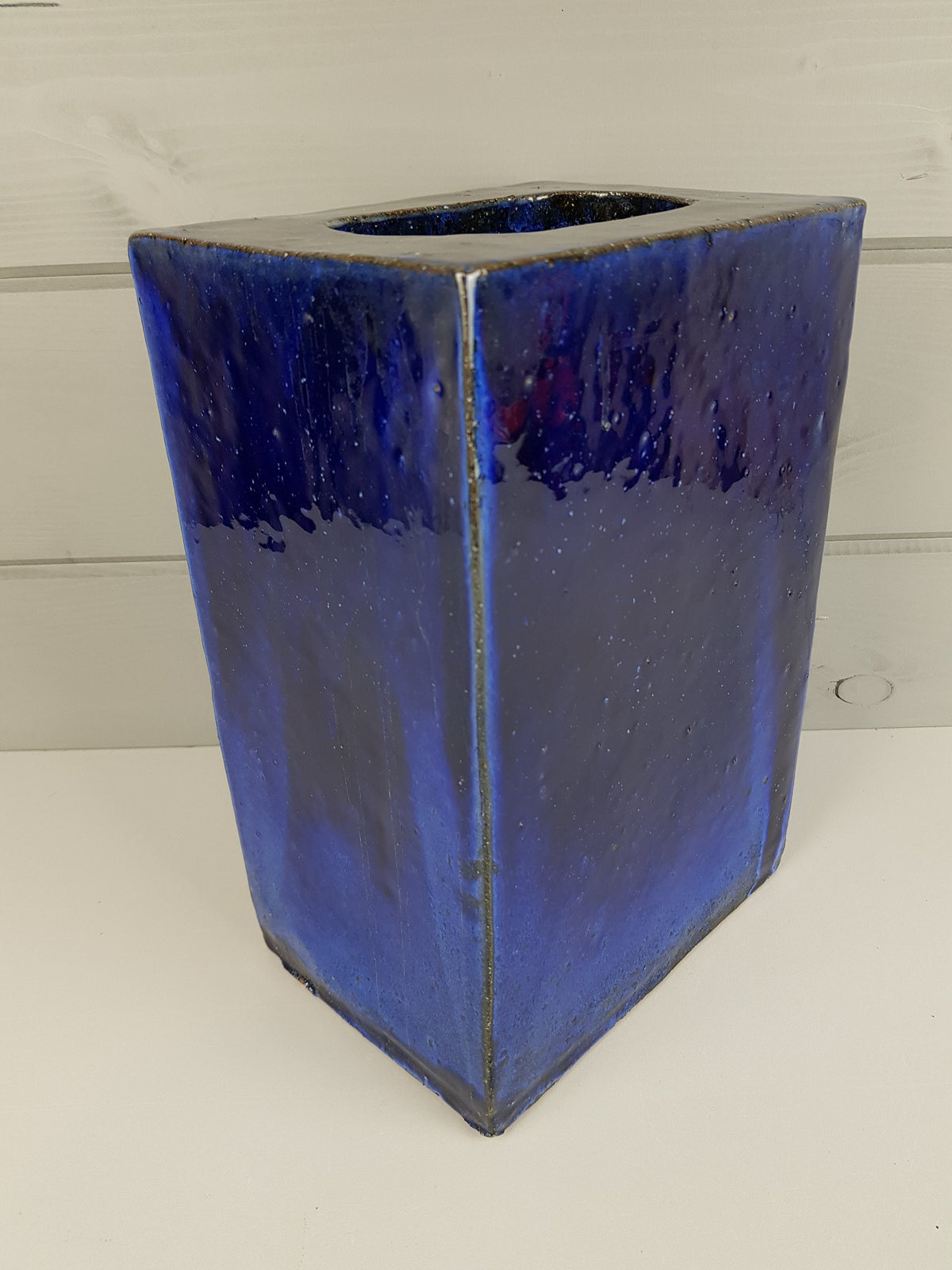 Vintage STUDIO ART POTTERY Square Heavy Blue Vase West Germany