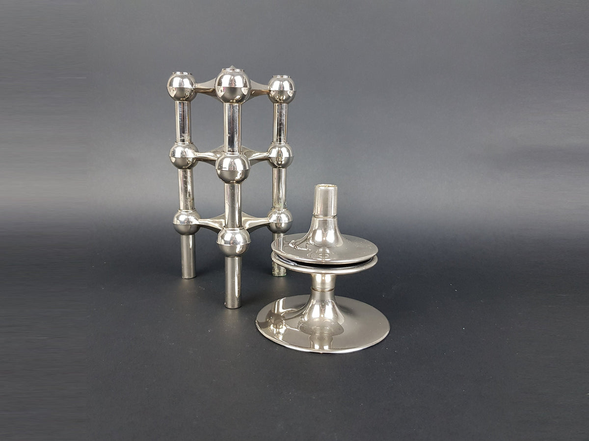 Set of 3 Stackable Candle Holders Variante 22 + Pedestal designed by Caesar Stoffi for Fritz Nagel Bayerische Metall Fabrik BMF 1950-60s,