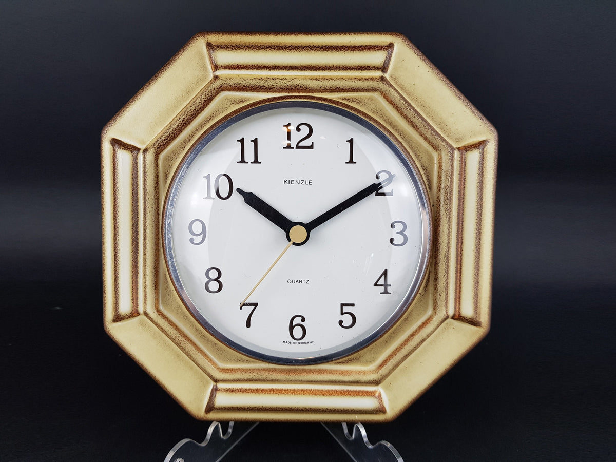 Vintage KIENZLE QUARTZ Beige and Brown Hexagon Ceramic Kitchen Clock West German Pottery 1970s