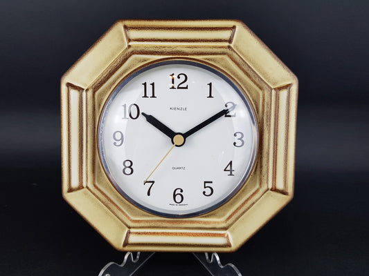 Vintage KIENZLE QUARTZ Beige and Brown Hexagon Ceramic Kitchen Clock West German Pottery 1970s
