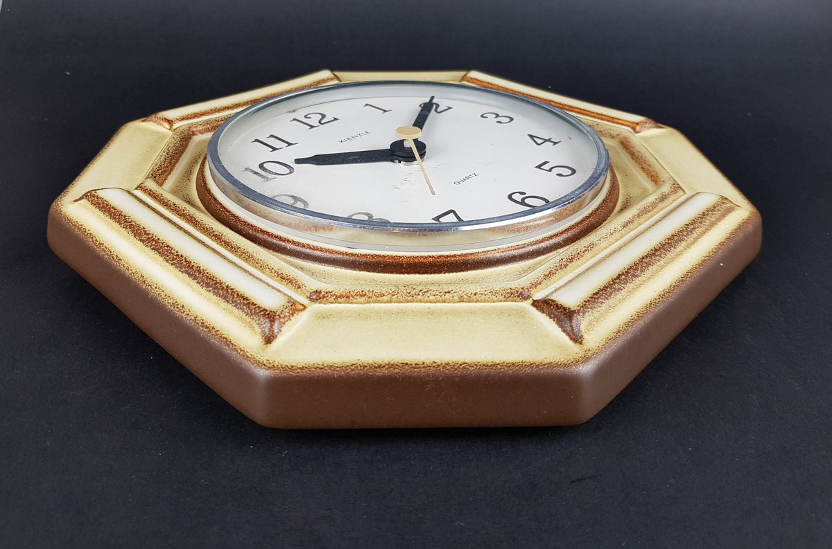 Vintage KIENZLE QUARTZ Beige and Brown Hexagon Ceramic Kitchen Clock West German Pottery 1970s