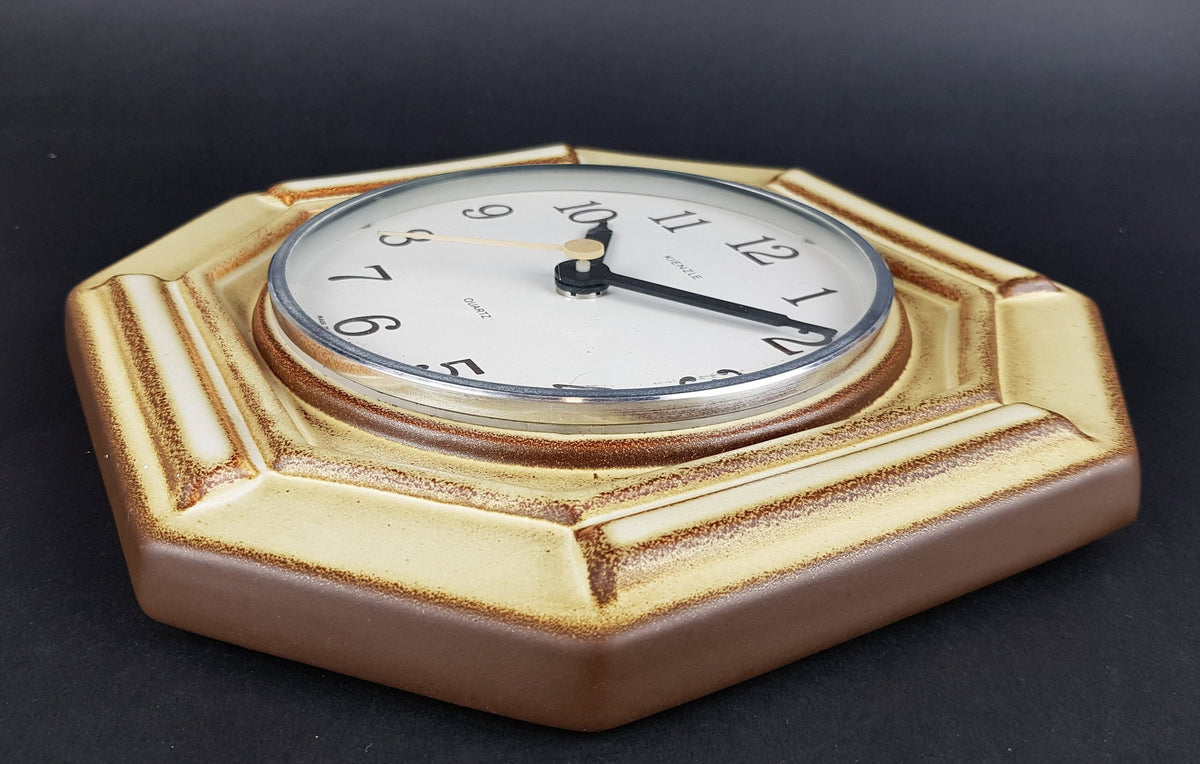 Vintage KIENZLE QUARTZ Beige and Brown Hexagon Ceramic Kitchen Clock West German Pottery 1970s