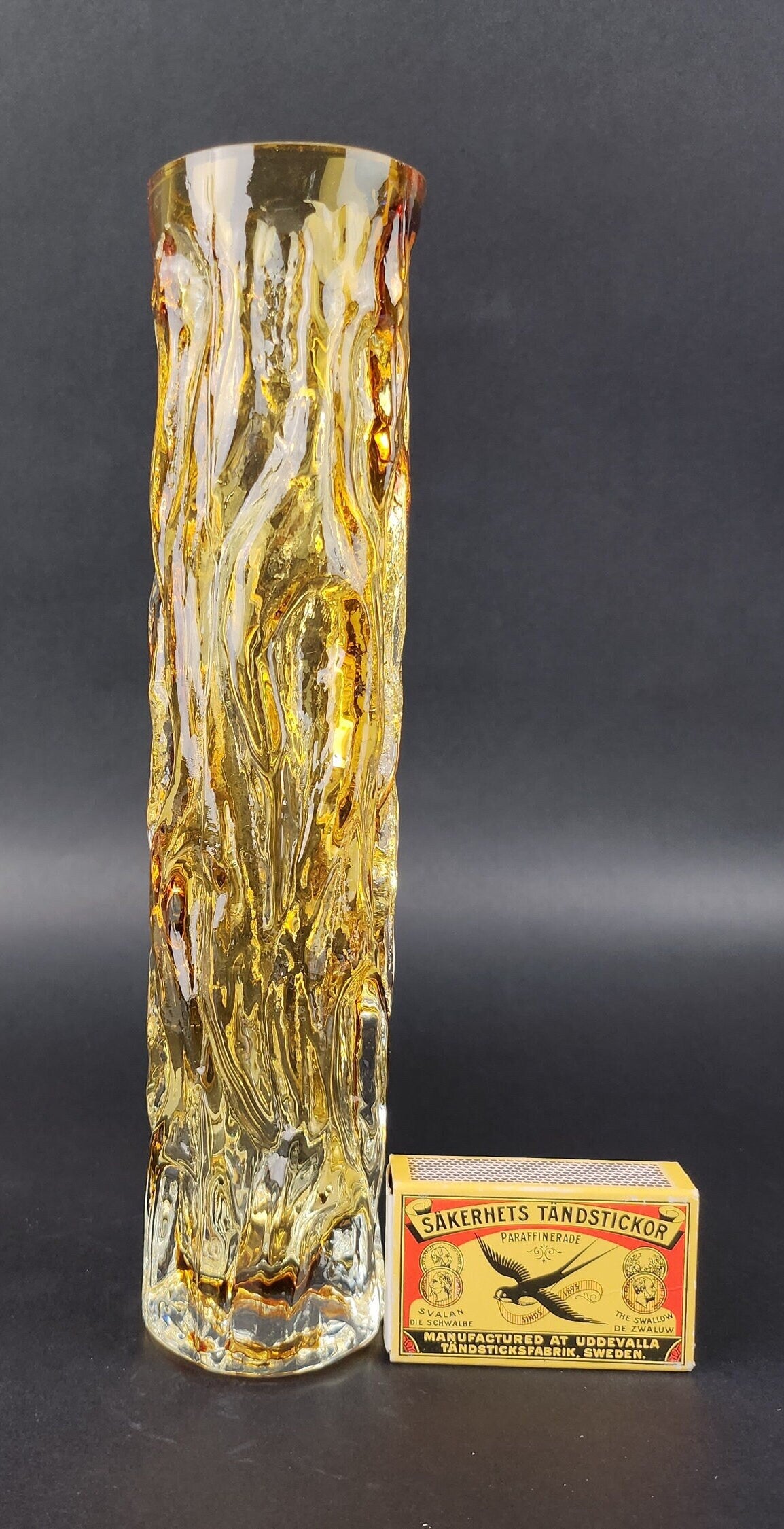Vintage INGRID GLAS Yellow Cylinder Vase Wave Design German Pottery 1960s 1970s