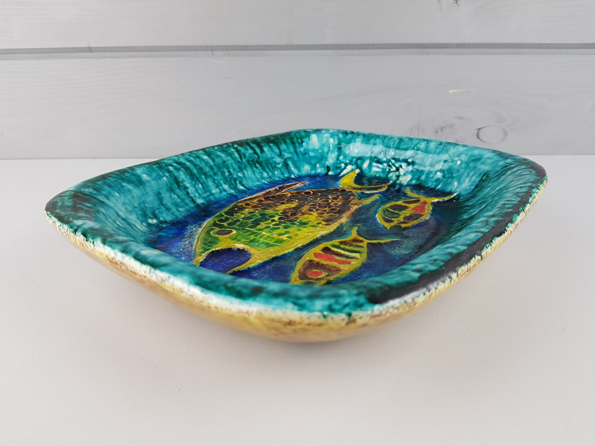 Vintage SCHRAMBERG Majolika Fabrik (SMF) Bowl with colorful Fish decor 1970s West German Pottery Fat Lava Era
