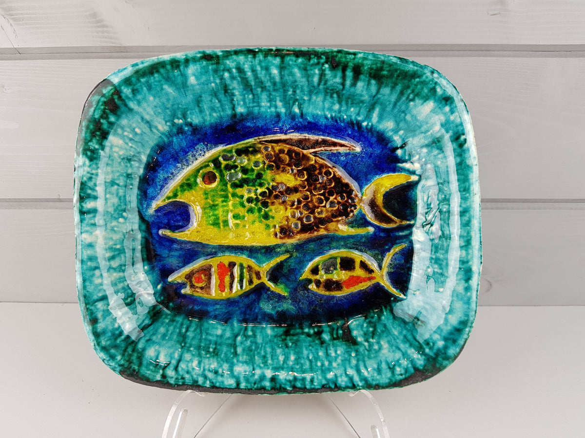 Vintage SCHRAMBERG Majolika Fabrik (SMF) Bowl with colorful Fish decor 1970s West German Pottery Fat Lava Era