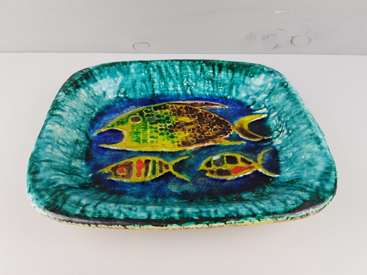 Vintage SCHRAMBERG Majolika Fabrik (SMF) Bowl with colorful Fish decor 1970s West German Pottery Fat Lava Era
