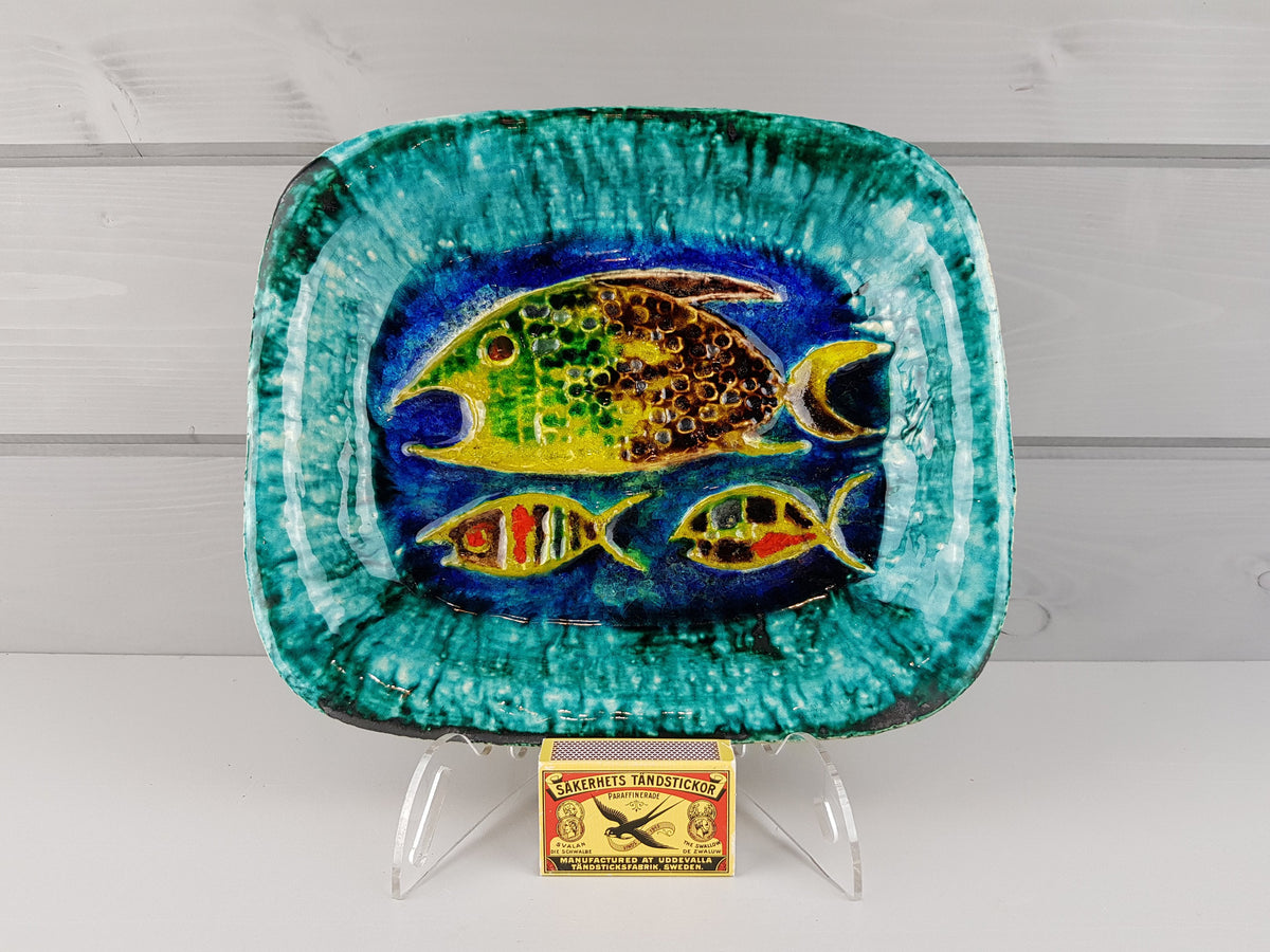 Vintage SCHRAMBERG Majolika Fabrik (SMF) Bowl with colorful Fish decor 1970s West German Pottery Fat Lava Era