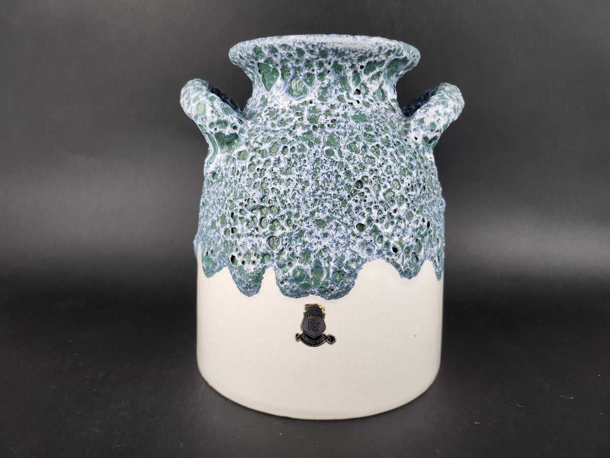 Vintage ES (Emons und Sohne) KERAMIK White with Green and Blue Fat Lava Vase West German Pottery 1970s