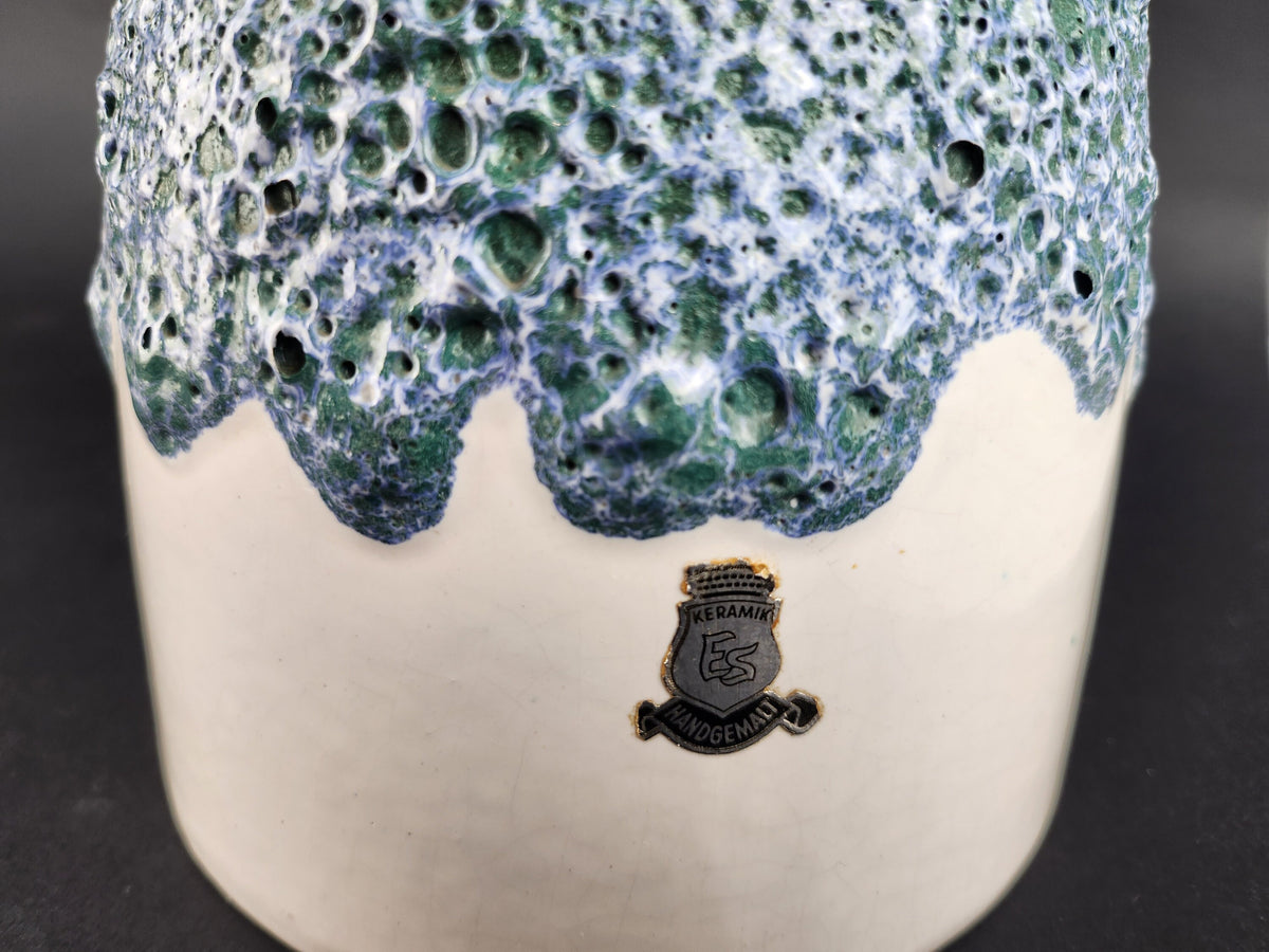 Vintage ES (Emons und Sohne) KERAMIK White with Green and Blue Fat Lava Vase West German Pottery 1970s