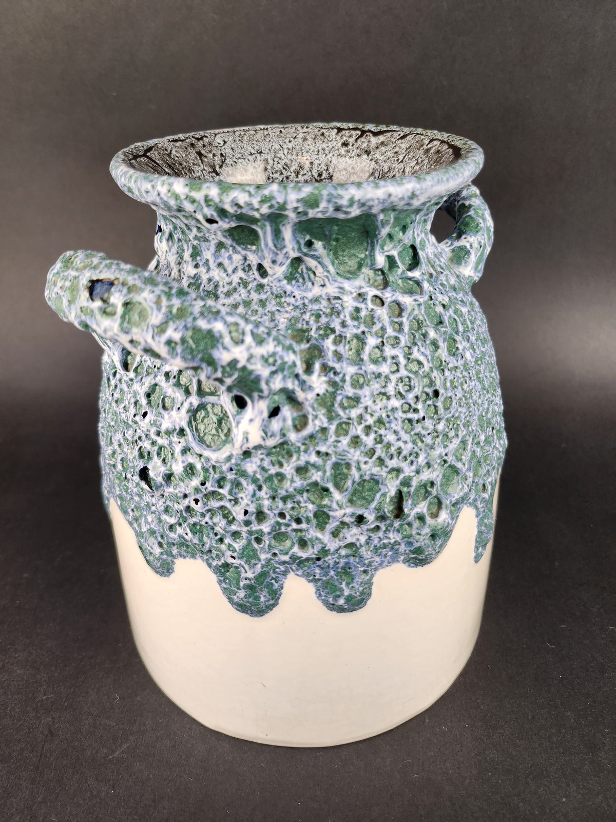 Vintage ES (Emons und Sohne) KERAMIK White with Green and Blue Fat Lava Vase West German Pottery 1970s