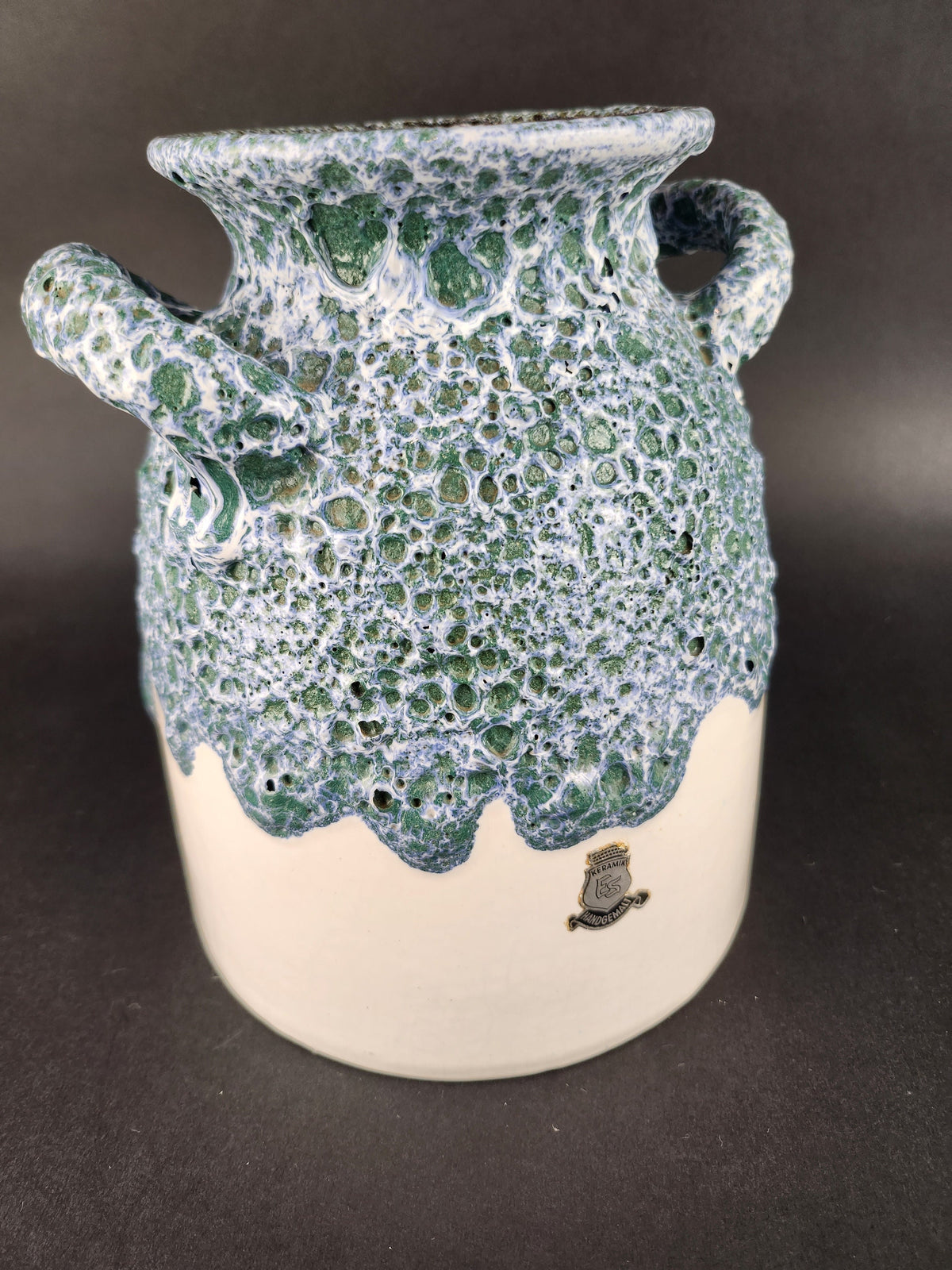 Vintage ES (Emons und Sohne) KERAMIK White with Green and Blue Fat Lava Vase West German Pottery 1970s