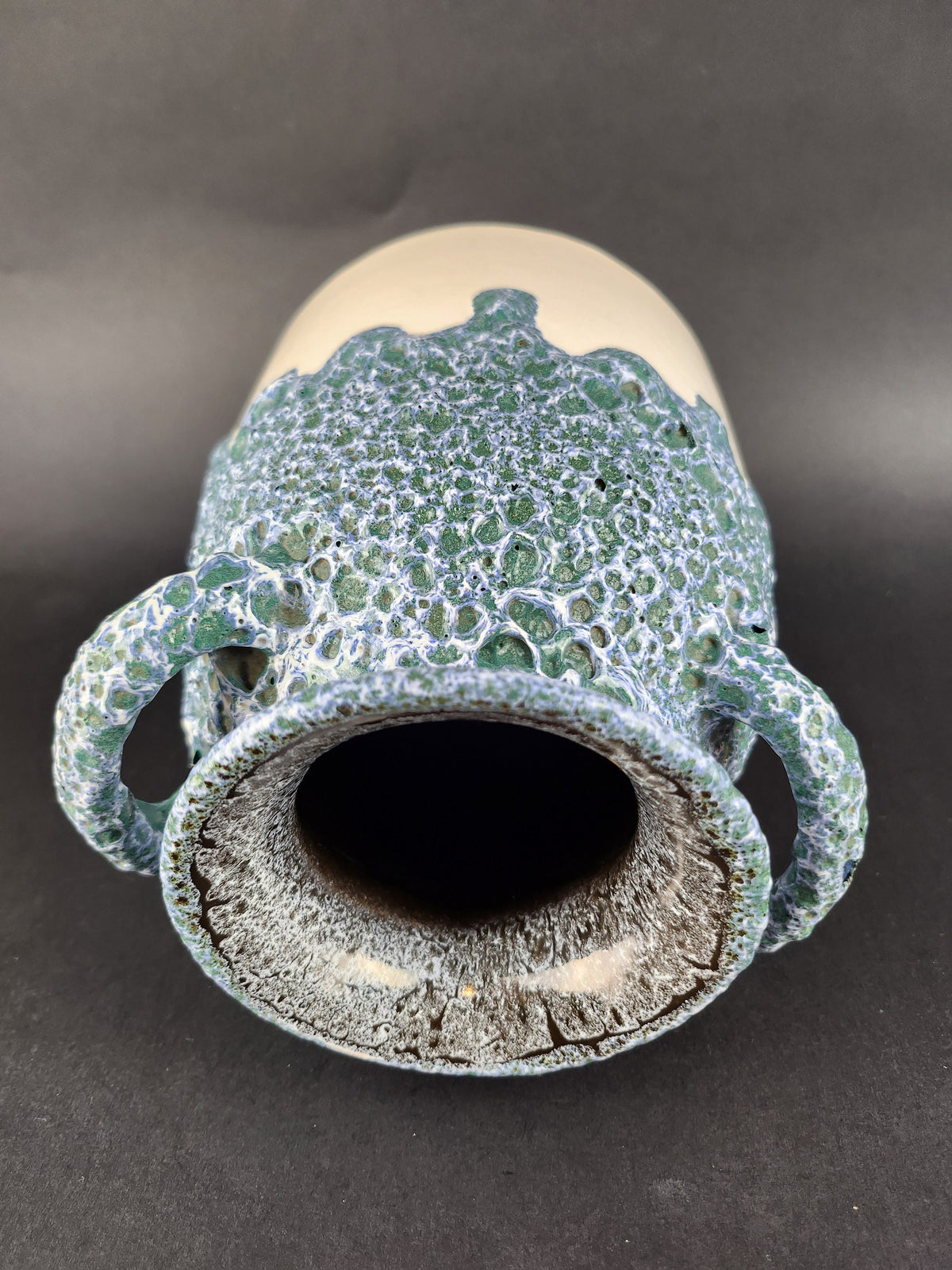 Vintage ES (Emons und Sohne) KERAMIK White with Green and Blue Fat Lava Vase West German Pottery 1970s