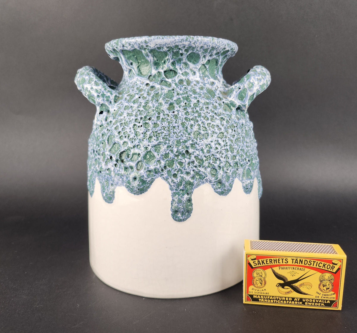Vintage ES (Emons und Sohne) KERAMIK White with Green and Blue Fat Lava Vase West German Pottery 1970s