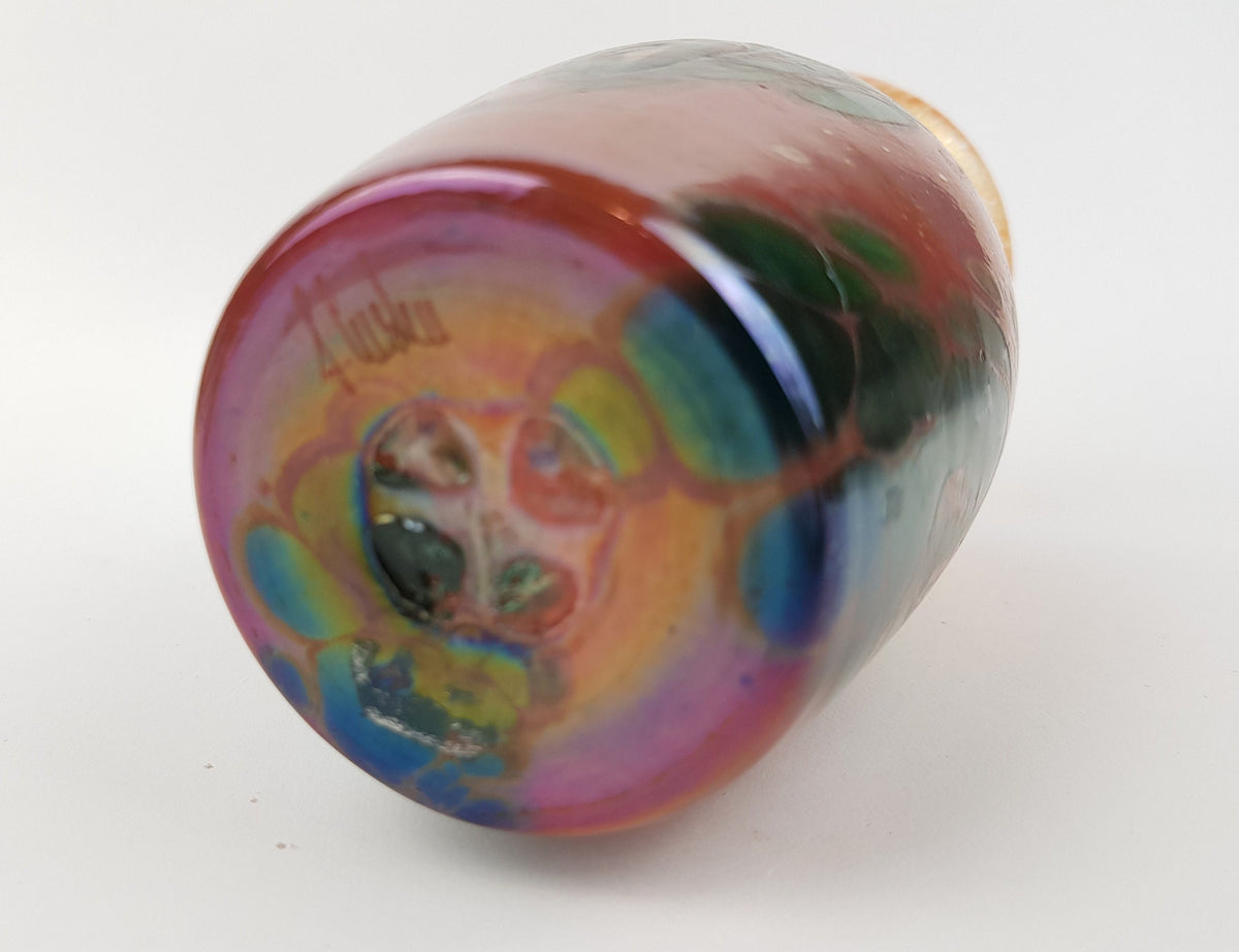 Vintage Orange and Green Glass Vase Carnival Style signed F. LUSTEU ???