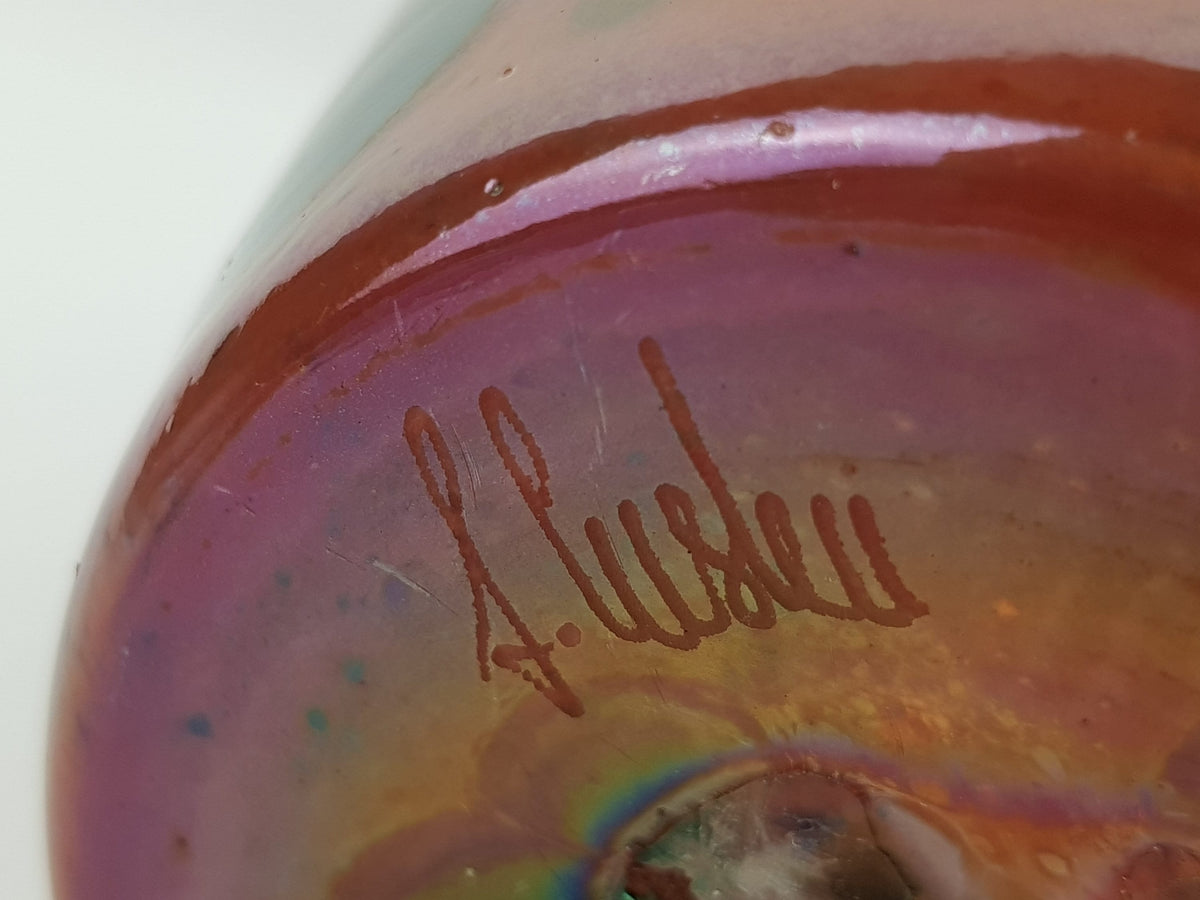 Vintage Orange and Green Glass Vase Carnival Style signed F. LUSTEU ???