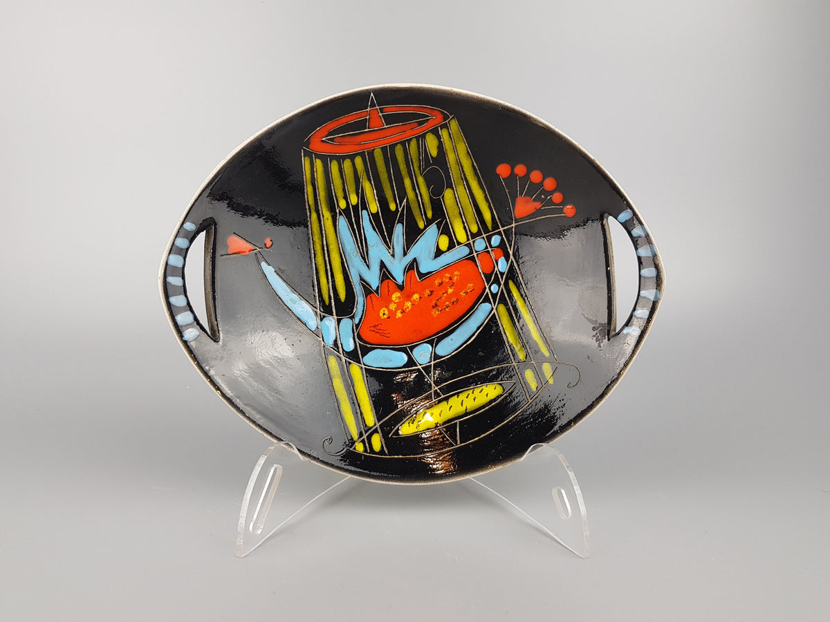 Vintage ALLA MODA Black with Multi Colored Decor Bowl / Plate Fatto A Mano (Hand Made) Italian Pottery 1950s