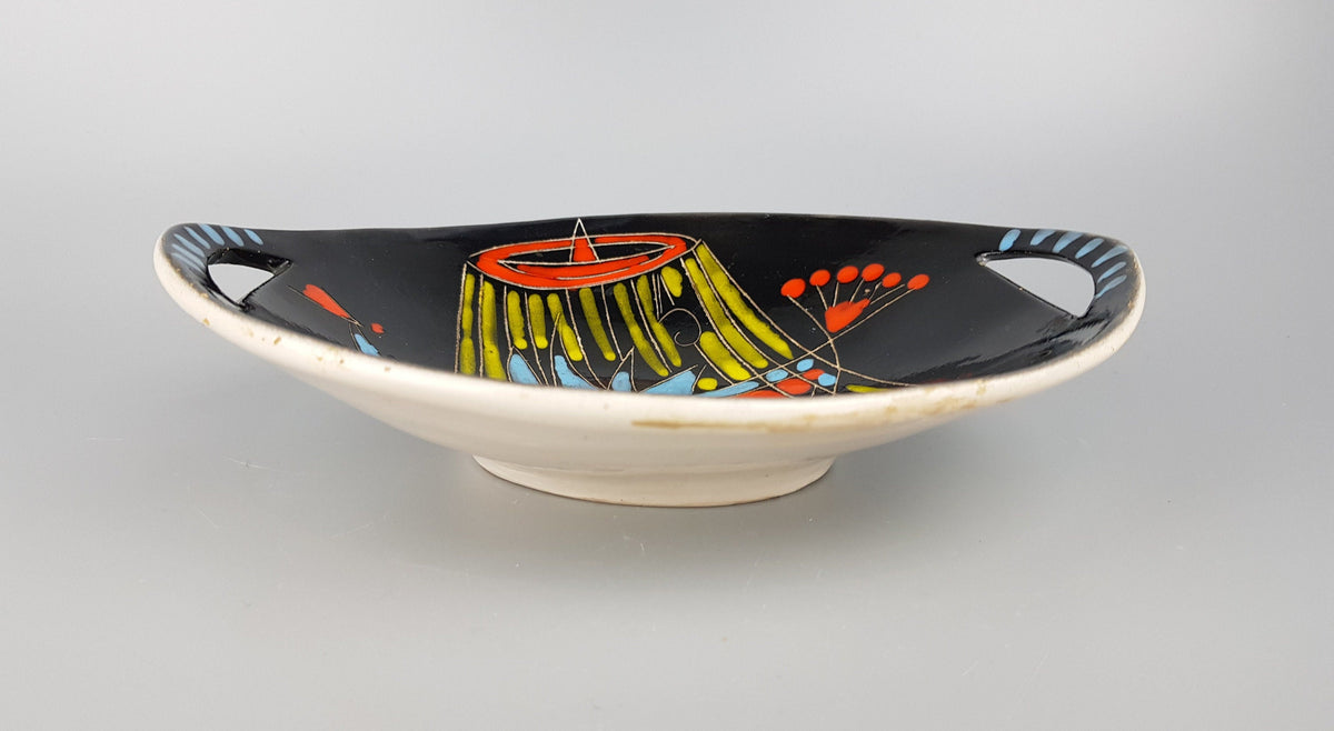 Vintage ALLA MODA Black with Multi Colored Decor Bowl / Plate Fatto A Mano (Hand Made) Italian Pottery 1950s