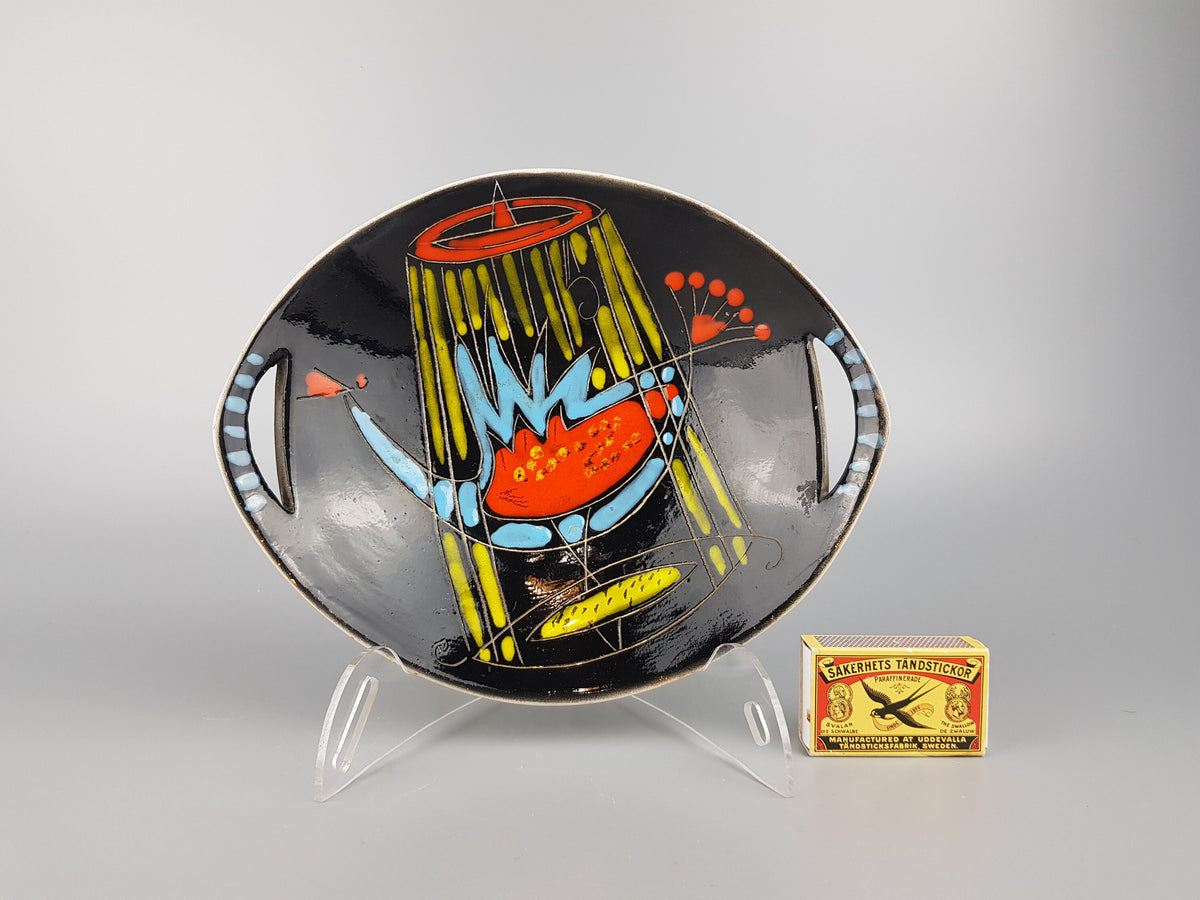 Vintage ALLA MODA Black with Multi Colored Decor Bowl / Plate Fatto A Mano (Hand Made) Italian Pottery 1950s