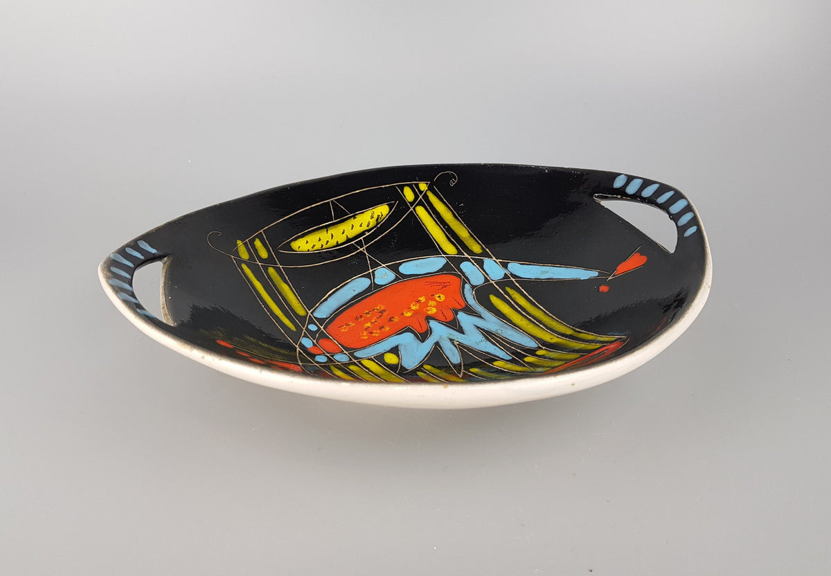 Vintage ALLA MODA Black with Multi Colored Decor Bowl / Plate Fatto A Mano (Hand Made) Italian Pottery 1950s