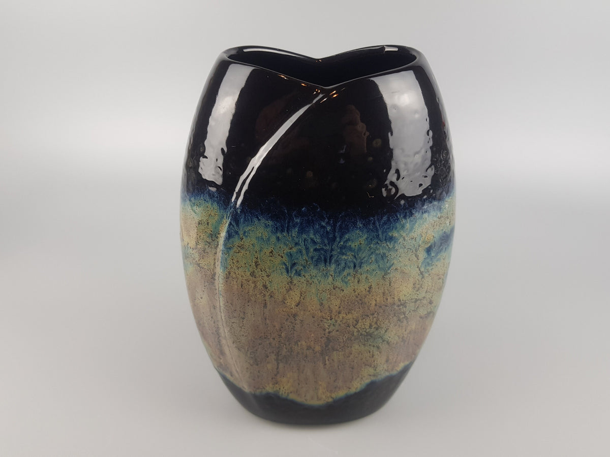 Vintage BAY EXTRA Black Yellow and Blue Vase Fish Mouth Vase West German Pottery 1980's