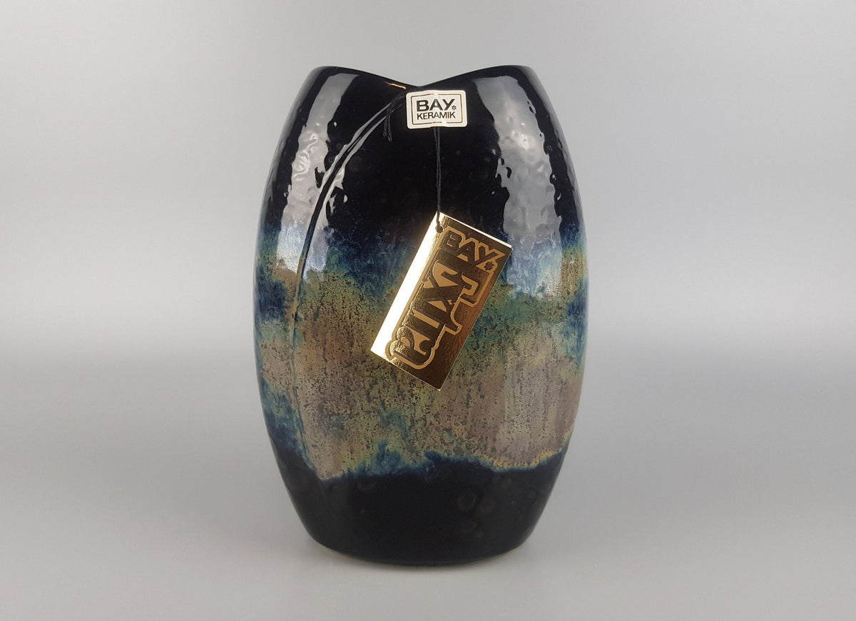 Vintage BAY EXTRA Black Yellow and Blue Vase Fish Mouth Vase West German Pottery 1980's