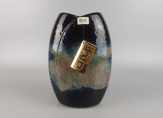 Vintage BAY EXTRA Black Yellow and Blue Vase Fish Mouth Vase West German Pottery 1980's