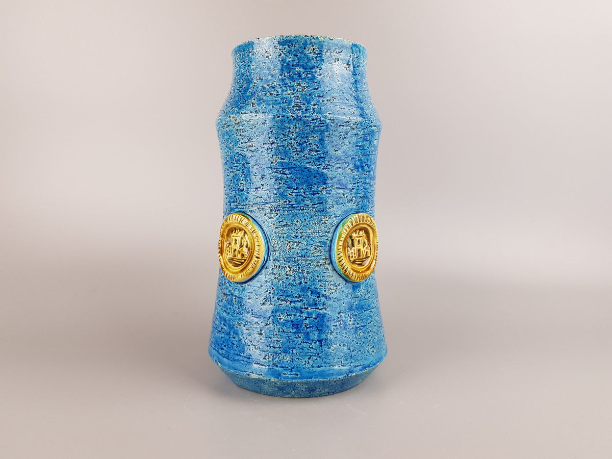 Vintage BITOSSI Rimini Blu Cylinder Vase with Medaillon Decor By Aldo Londi Italian Pottery 1960's