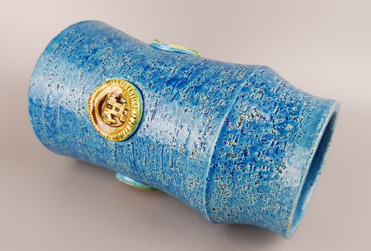 Vintage BITOSSI Rimini Blu Cylinder Vase with Medaillon Decor By Aldo Londi Italian Pottery 1960's