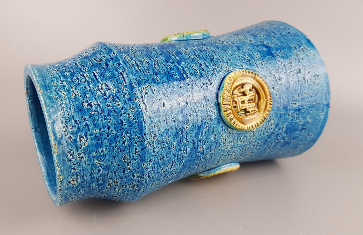 Vintage BITOSSI Rimini Blu Cylinder Vase with Medaillon Decor By Aldo Londi Italian Pottery 1960's