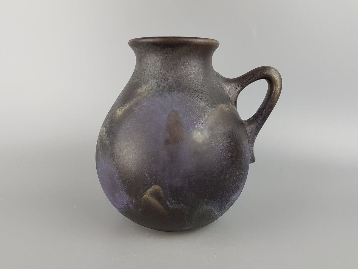 Vintage RUSCHA KERAMIK Grey Fat Lava Era Handled Vase With Blue/Purple Accents 308 West German Pottery 1980s