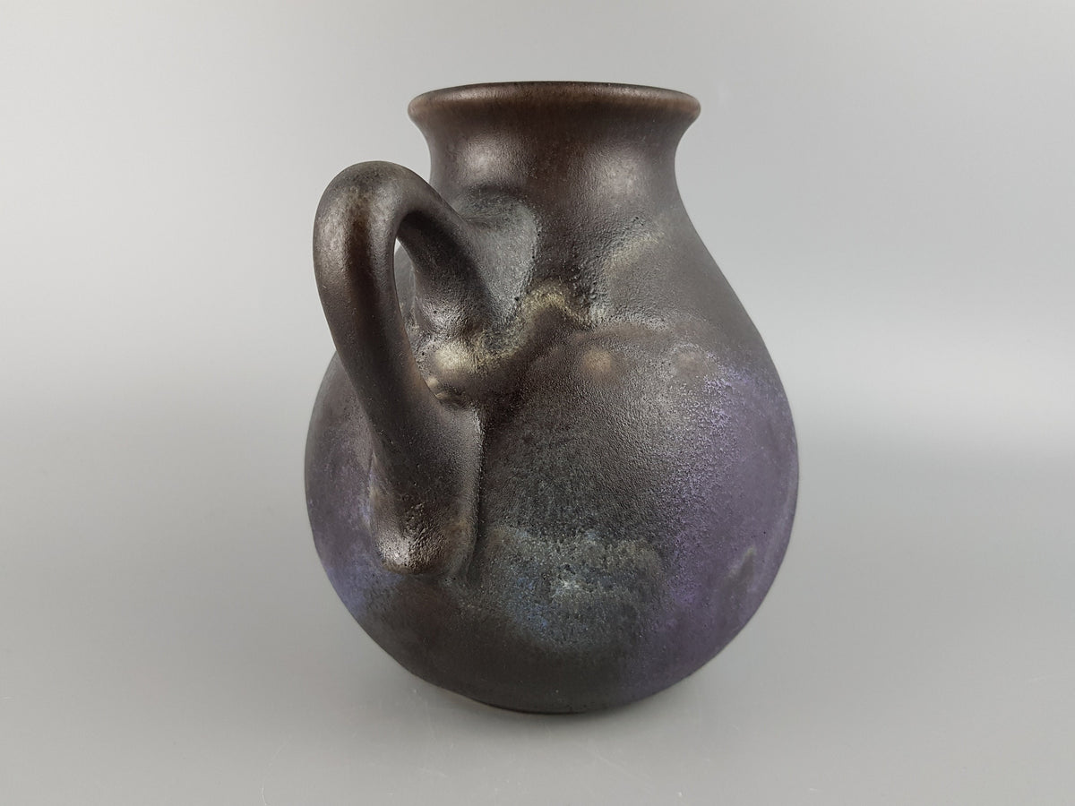 Vintage RUSCHA KERAMIK Grey Fat Lava Era Handled Vase With Blue/Purple Accents 308 West German Pottery 1980s