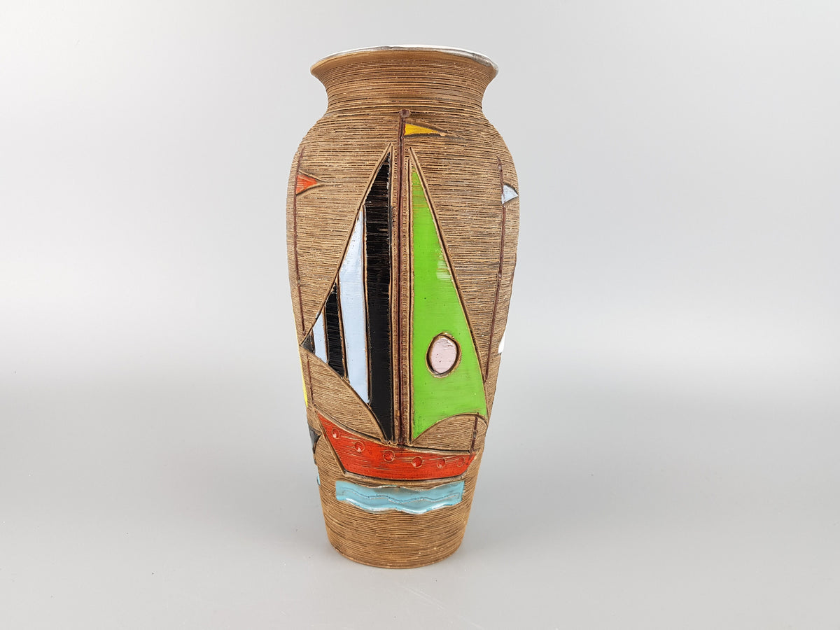 Vintage FRATELLI FANCIULLACCI Vase with Sailing Boats Decor Italian Pottery 1960s