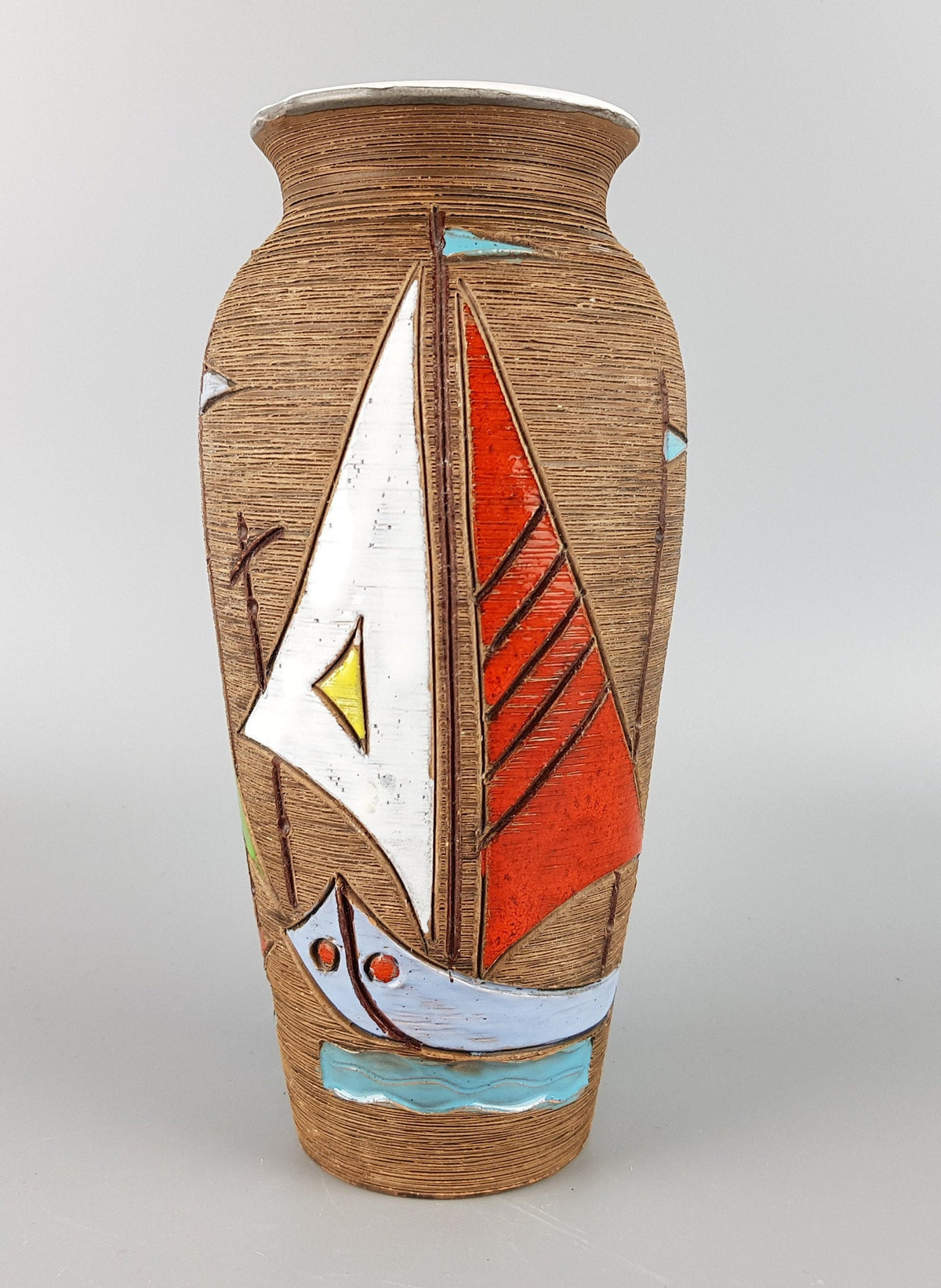 Vintage FRATELLI FANCIULLACCI Vase with Sailing Boats Decor Italian Pottery 1960s