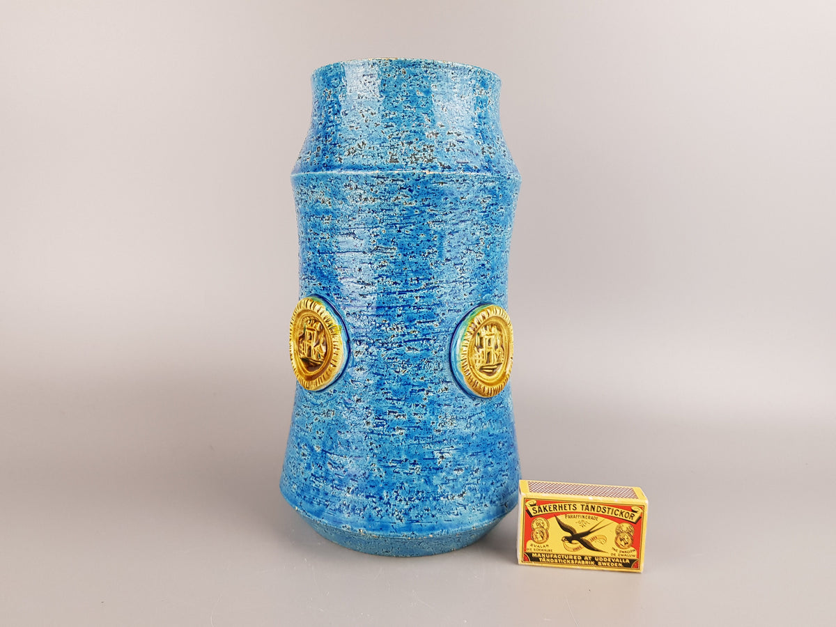 Vintage BITOSSI Rimini Blu Cylinder Vase with Medaillon Decor By Aldo Londi Italian Pottery 1960's