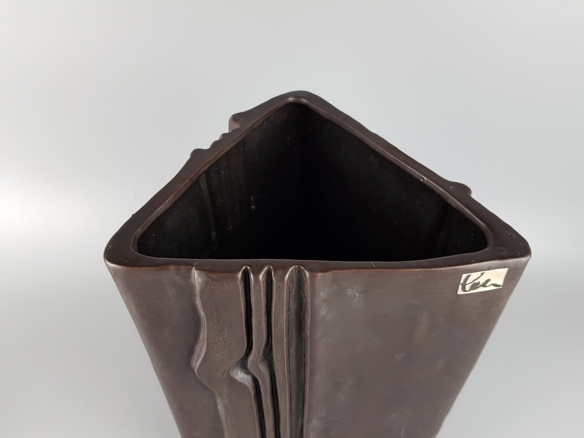 Vintage SCHÄFFENACKER Studio Art Pottery Brown Triangular Fat Lava Era Vase 76/1 West German Pottery 1960s