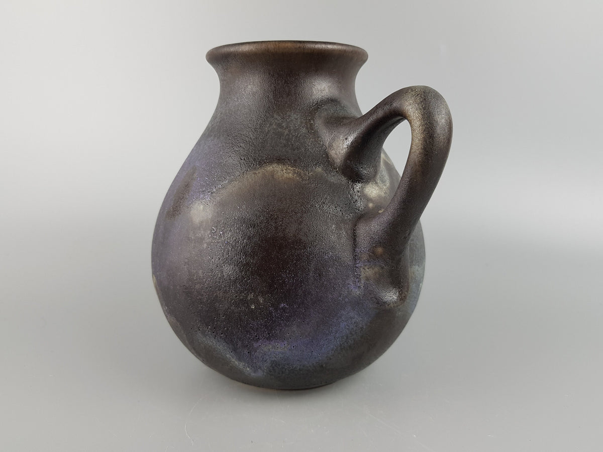 Vintage RUSCHA KERAMIK Grey Fat Lava Era Handled Vase With Blue/Purple Accents 308 West German Pottery 1980s
