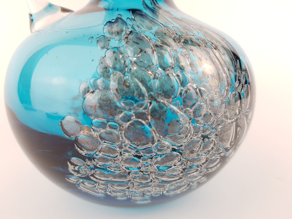 Vintage SCHOTT ZWIESEL Blue GLASS Design Handled Jug Vase With Florida decor by Heinrich Loffelhardt 1960-70s