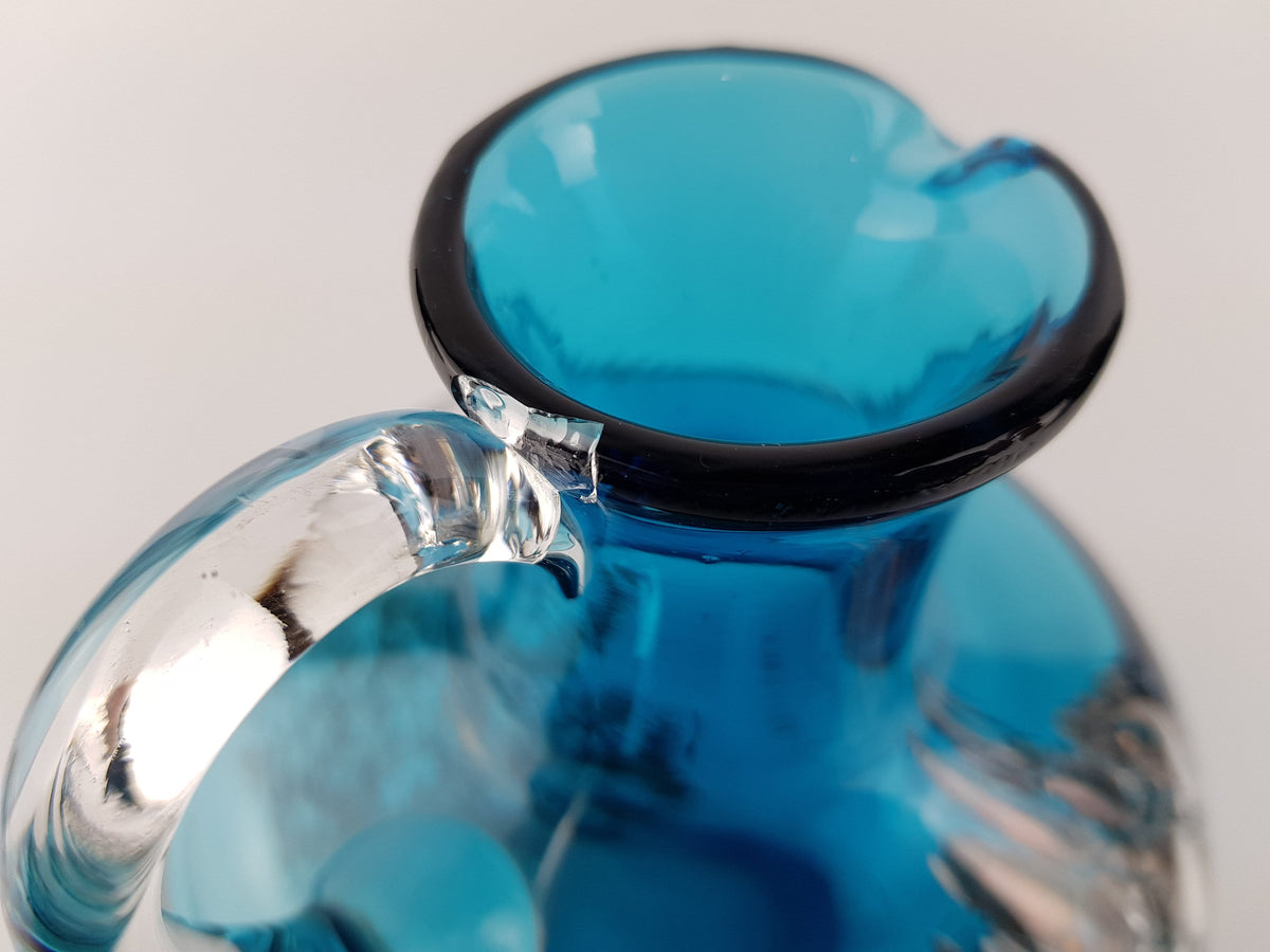 Vintage SCHOTT ZWIESEL Blue GLASS Design Handled Jug Vase With Florida decor by Heinrich Loffelhardt 1960-70s