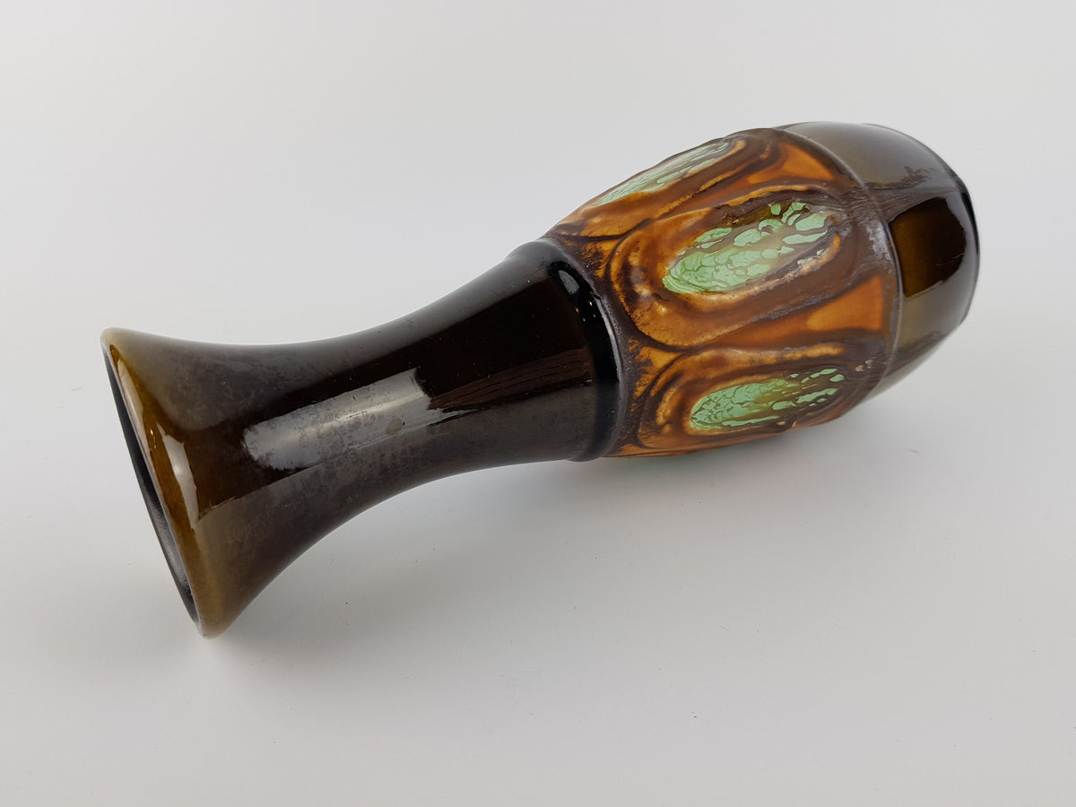 Vintage ECKHARDT and ENGLER KERAMIK Brown Vase with Green Decorations 2043-20 From West Germany 1950s