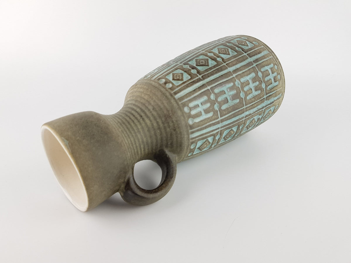 Vintage UBELACKER Fat Lava Era Handled Grey Vase With Light Blue Relief 1569 24 West German Pottery 1970s