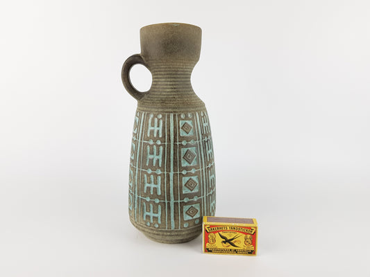 Vintage UBELACKER Fat Lava Era Handled Grey Vase With Light Blue Relief 1569 24 West German Pottery 1970s