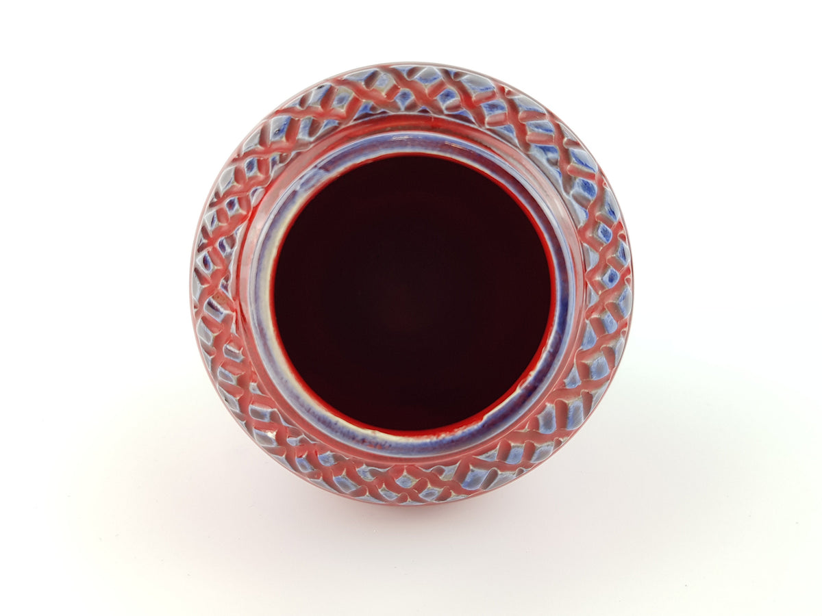 Vintage Red Italian Vase With Blue Relief Decor ALLA MODA Italian Pottery 1960s