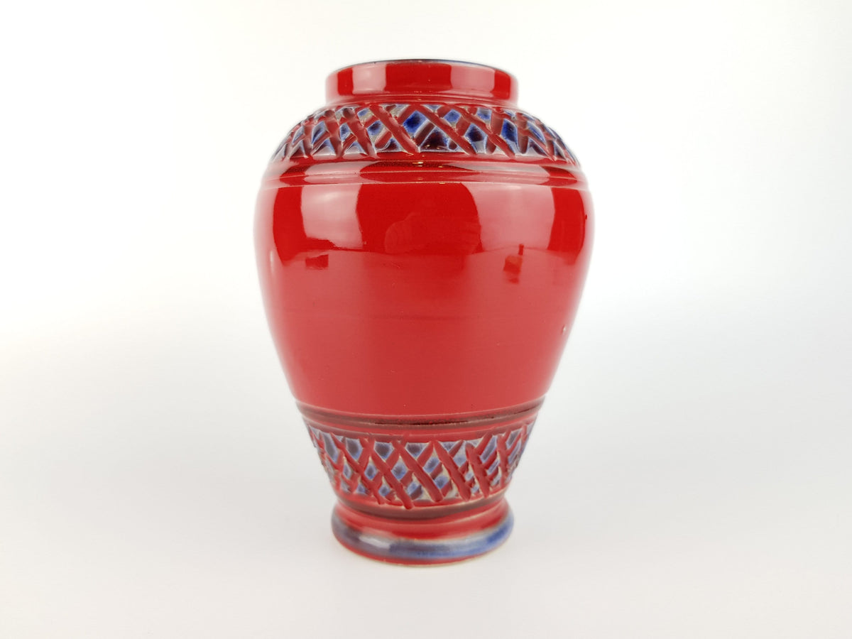 Vintage Red Italian Vase With Blue Relief Decor ALLA MODA Italian Pottery 1960s