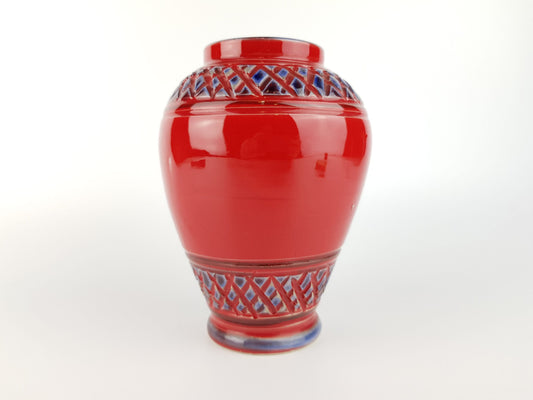 Vintage Red Italian Vase With Blue Relief Decor ALLA MODA Italian Pottery 1960s
