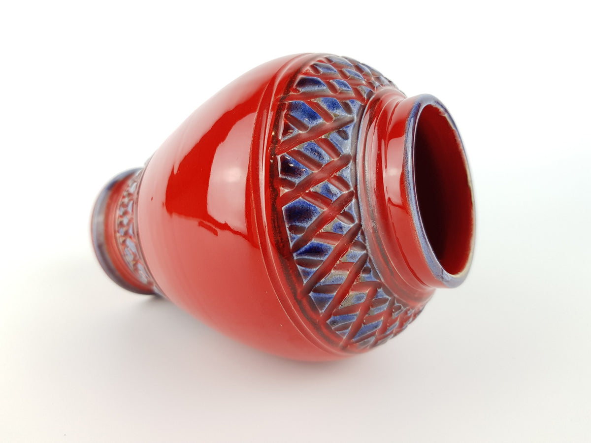 Vintage Red Italian Vase With Blue Relief Decor ALLA MODA Italian Pottery 1960s