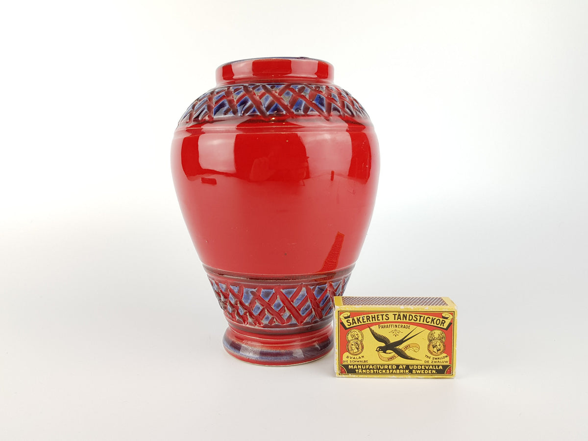 Vintage Red Italian Vase With Blue Relief Decor ALLA MODA Italian Pottery 1960s
