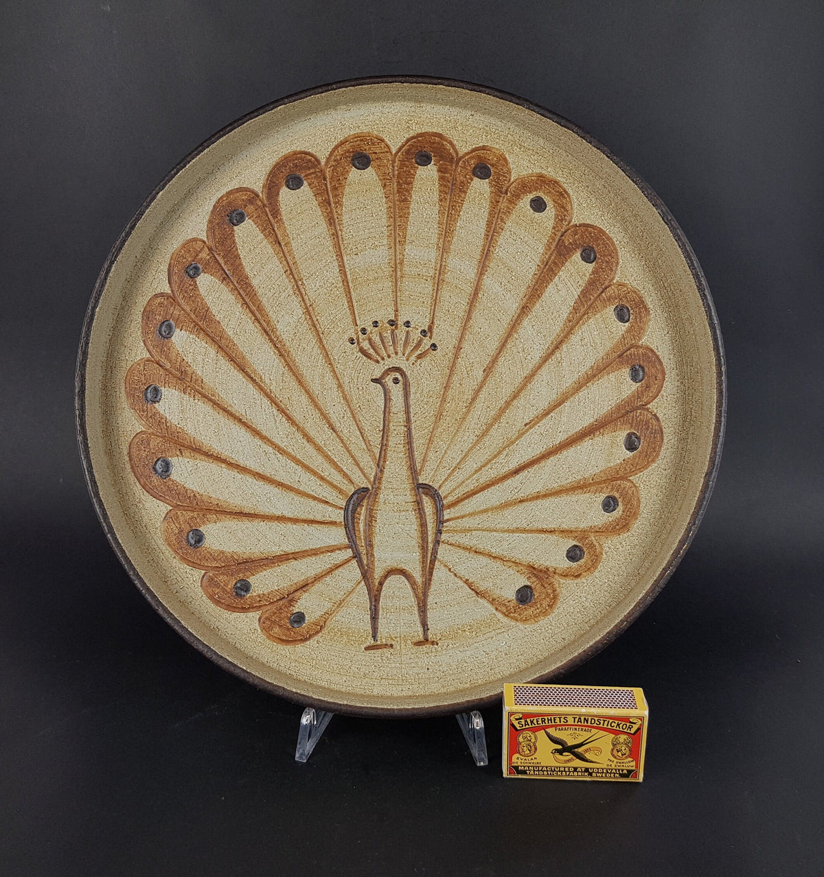 Vintage SGRAFO MODERN Beige and Brown Wall Plaque with Peacock Decor West Germany 1960s