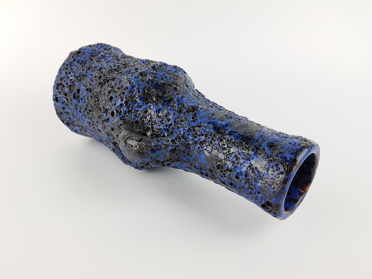 Vintage KREUTZ KERAMIK Handled Black and Blue Fat Lava Vase West German Pottery 1970s